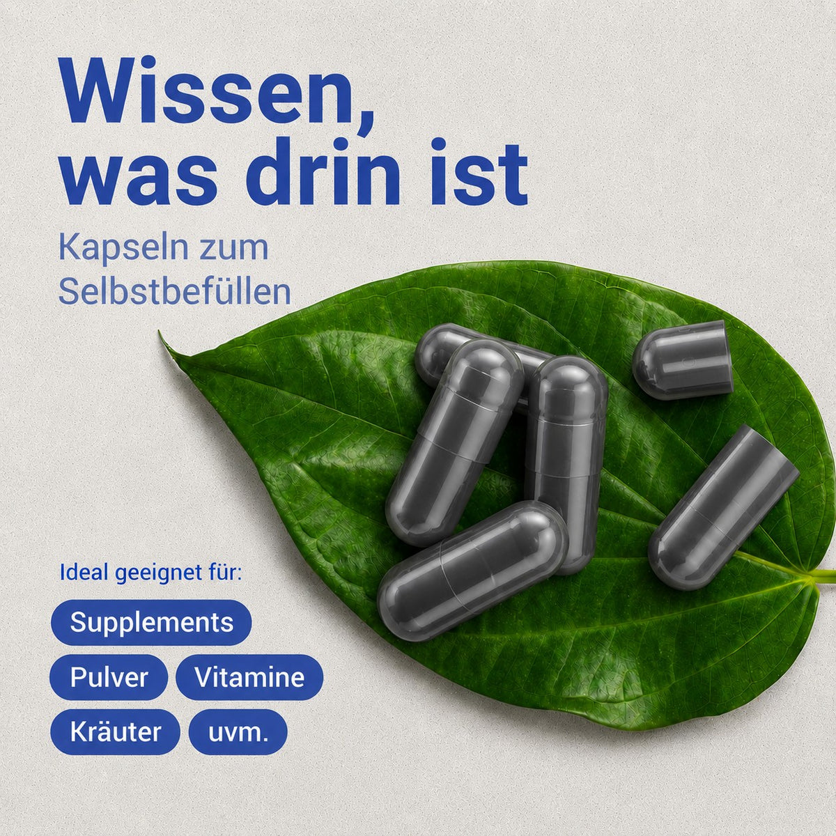 Schwarze Kapseln auf grünem Blatt, geeignet für Pulver, Vitamine und Kräuter; Text: Wissen, was drin ist