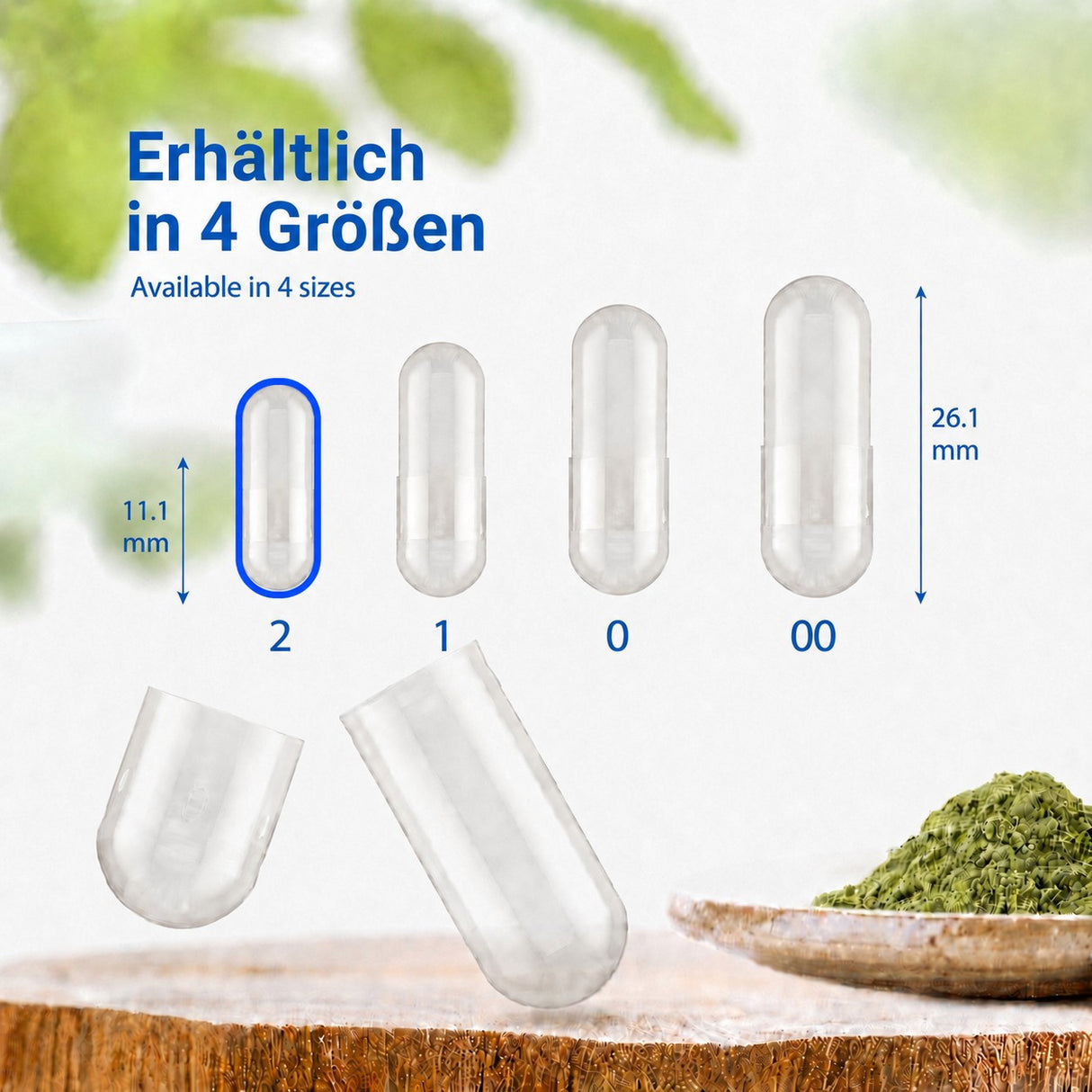 Kapseln erhältlich in vier verschiedenen Größen: 2, 1, 0 und 00