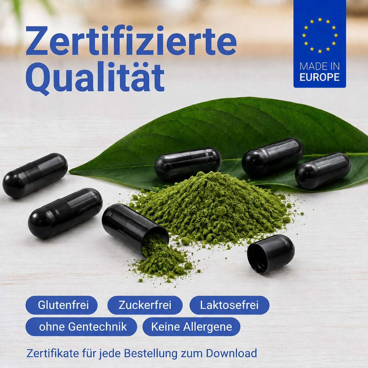Grünes Pulver und Kapseln, zertifizierte Qualität aus Europa, glutenfrei, zuckerfrei, laktosefrei, ohne Gentechnik und allergenfrei
