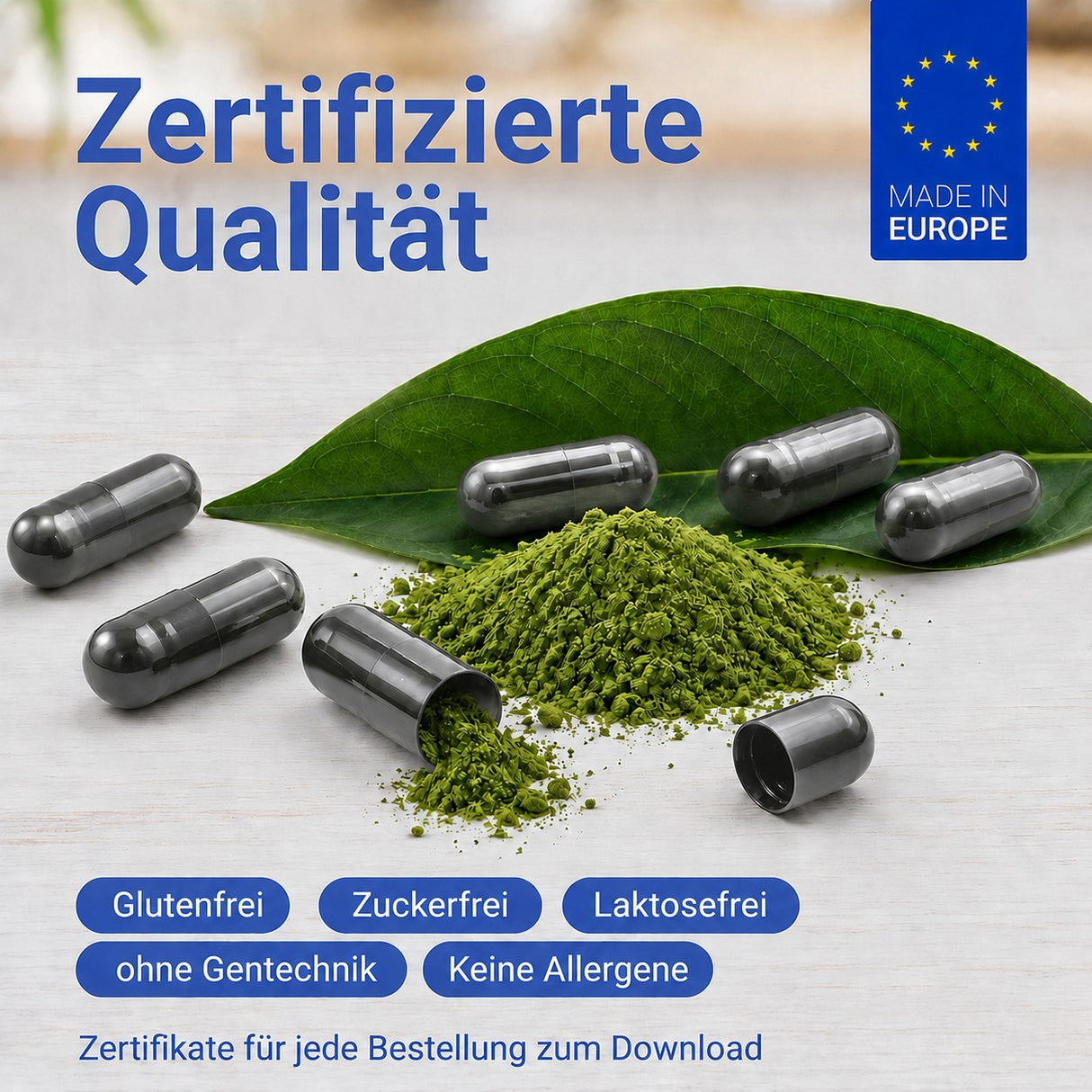 Grünes Pulver und Kapseln, zertifizierte Qualität aus Europa, glutenfrei, zuckerfrei, laktosefrei, ohne Gentechnik und allergenfrei