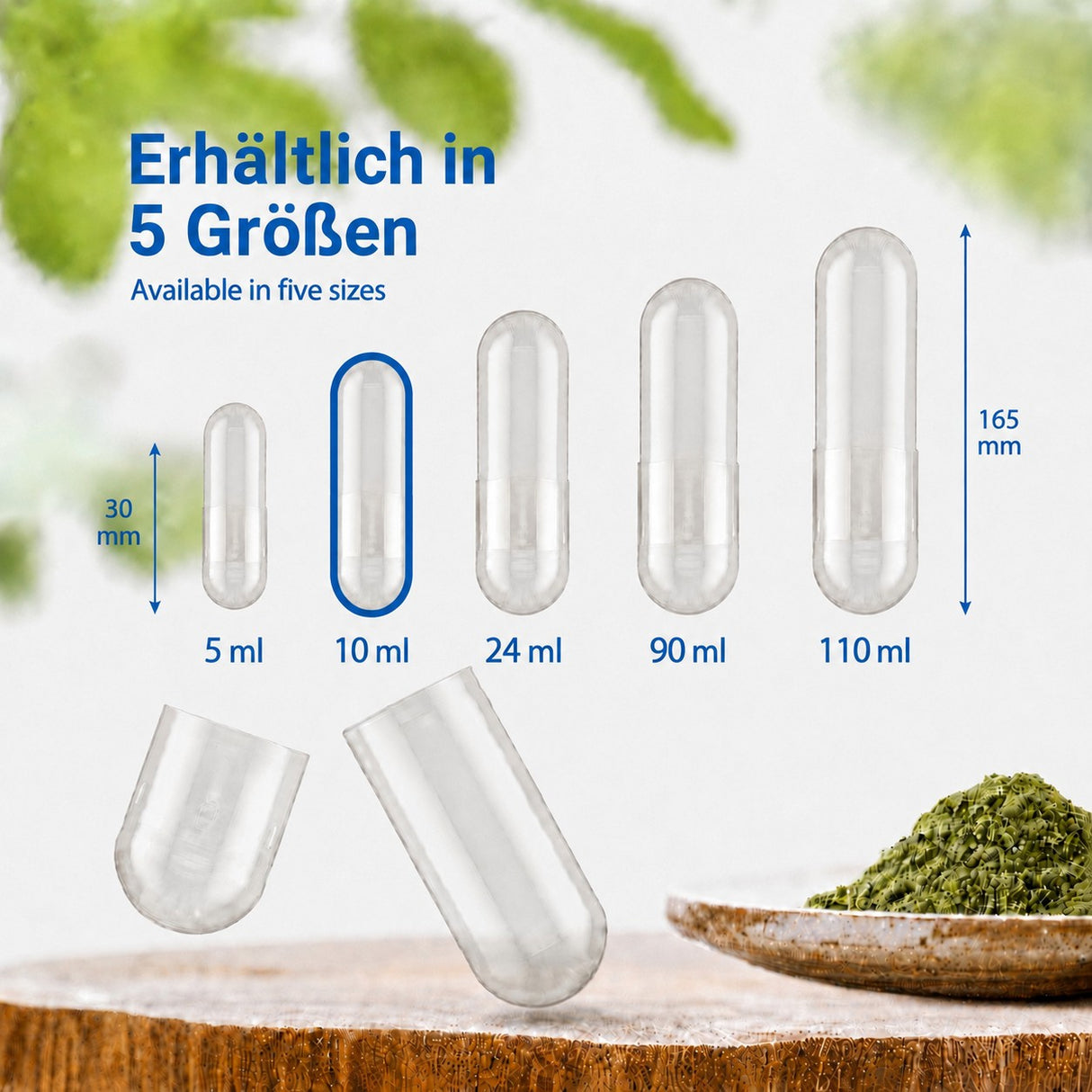 Darstellung der 5 verschiedenen Maxi-Kapselgrößen: 110 ml, 90 ml, 24 ml, 10 ml und 5 ml