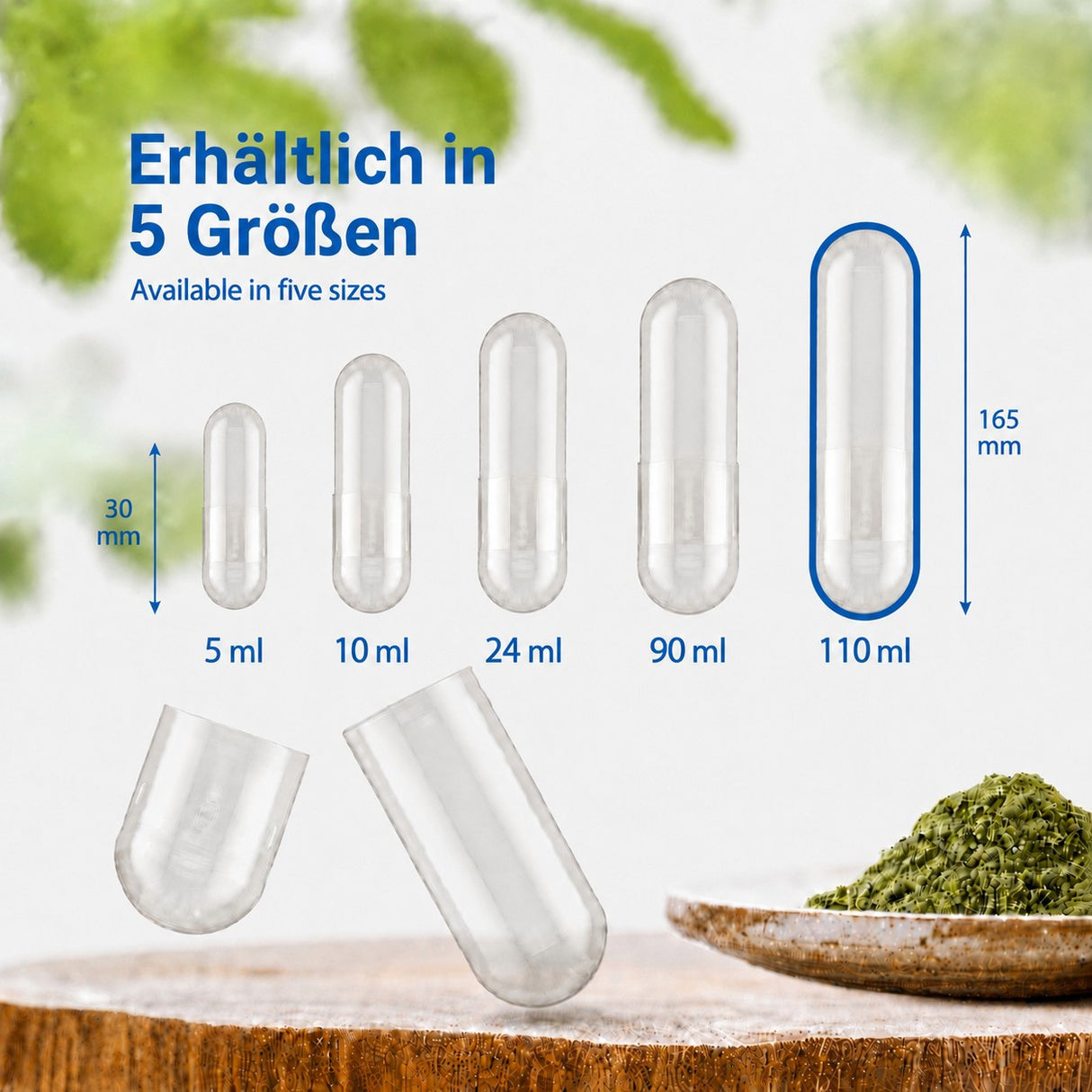 Darstellung der 5 verschiedenen Maxi-Kapselgrößen 5 ml, 10 ml, 24 ml, 90 ml und 110 ml