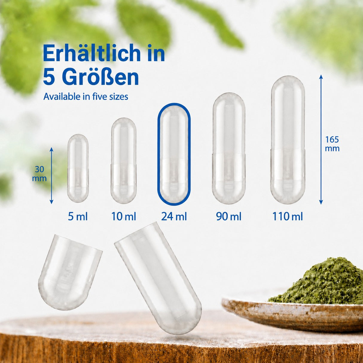 Darstellung der 5 verschiedenen Maxi-Kapselgrößen: 110 ml, 90 ml, 24 ml, 10 ml und 5 ml