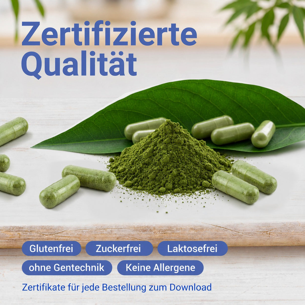 Grünes Pulver und Kapseln, zertifizierte Qualität aus Europa, glutenfrei, zuckerfrei, laktosefrei, ohne Gentechnik und allergenfrei