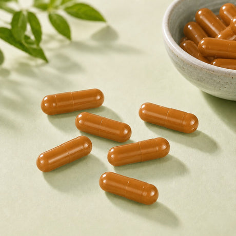 Bild mit einigen karamellfarbenen Kapseln aus Gelatine