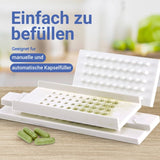 Kapselfüller mit befüllten Kapseln, die Kapseln sind geeignet für manuelle und automatische Befüllung