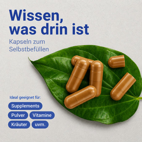 Karamellfarbene Kapseln, geeignet für Pulver, Vitamine und Kräuter usw.