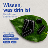 Kapseln auf grünem Blatt, geeignet für Supplements, Pulver, Vitamine und Kräuter; Text: Wissen, was drin ist