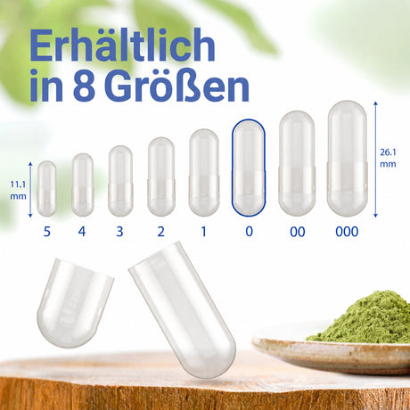 Kapseln erhältlich in acht verschiedenen Größen: 000, 00, 0, 1, 2, 3, 4 und 5