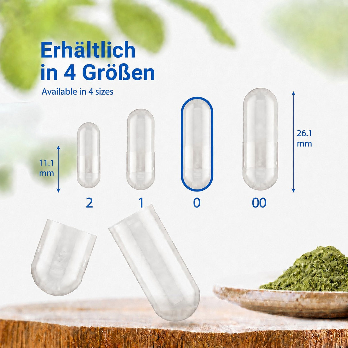 Kapseln erhältlich in vier verschiedenen Größen: 2, 1, 0 und 00