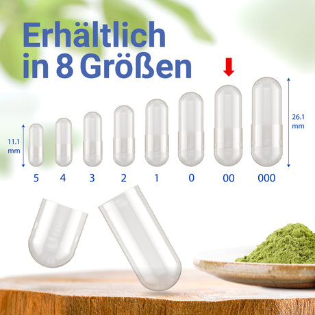 Kapseln erhältlich in acht verschiedenen Größen: 000, 00, 0, 1, 2, 3, 4 und 5