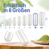 Kapseln erhältlich in acht verschiedenen Größen: 000, 00, 0, 1, 2, 3, 4 und 5