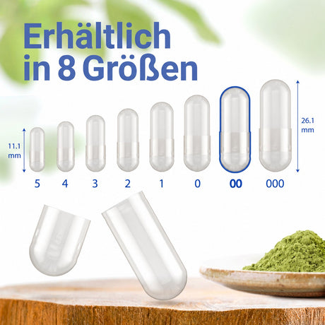 Kapseln erhältlich in acht verschiedenen Größen: 000, 00, 0, 1, 2, 3, 4 und 5