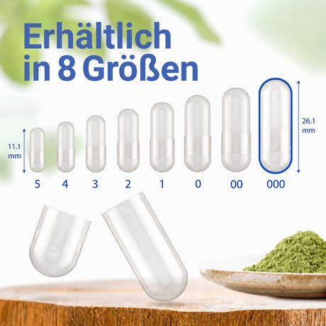 Kapseln erhältlich in acht verschiedenen Größen: 000, 00, 0, 1, 2, 3, 4 und 5