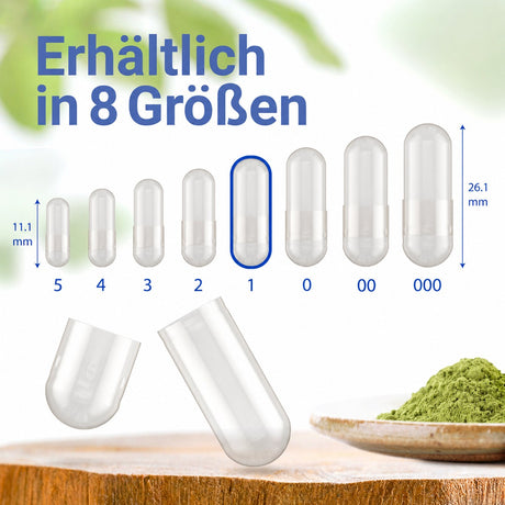 Kapseln erhältlich in acht verschiedenen Größen: 000, 00, 0, 1, 2, 3, 4 und 5