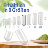 Kapseln erhältlich in acht verschiedenen Größen: 000, 00, 0, 1, 2, 3, 4 und 5