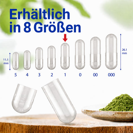 Kapseln erhältlich in acht verschiedenen Größen: 000, 00, 0, 1, 2, 3, 4 und 5