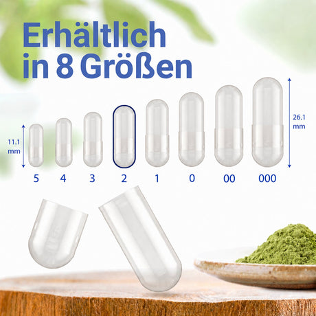 Kapseln erhältlich in acht verschiedenen Größen: 000, 00, 0, 1, 2, 3, 4 und 5