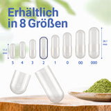 Kapseln erhältlich in acht verschiedenen Größen: 000, 00, 0, 1, 2, 3, 4 und 5