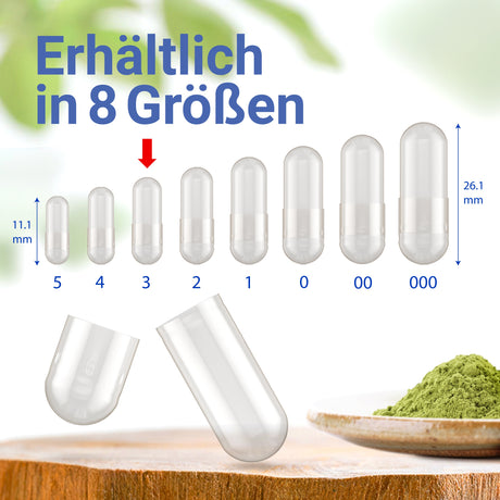 Leere Kapseln in 8 Größen von 5 bis 000 mit Größenvergleich und Pulverdarstellung