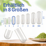 Leere Kapseln in 8 Größen von 5 bis 000 mit Größenvergleich und Pulverdarstellung