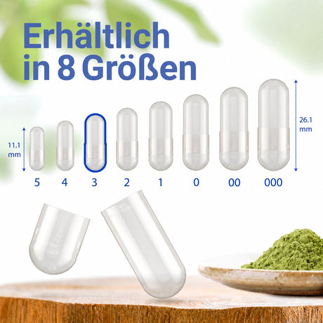 Leere Kapseln in 8 Größen von 5 bis 000 mit Größenvergleich und Pulverdarstellung