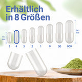 Kapseln erhältlich in acht verschiedenen Größen: 000, 00, 0, 1, 2, 3, 4 und 5