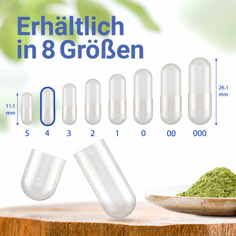 Kapseln erhältlich in acht verschiedenen Größen: 000, 00, 0, 1, 2, 3, 4 und 5
