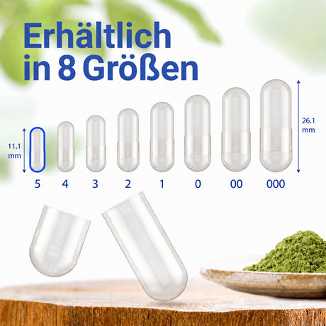 Kapseln erhältlich in acht verschiedenen Größen: 000, 00, 0, 1, 2, 3, 4 und 5