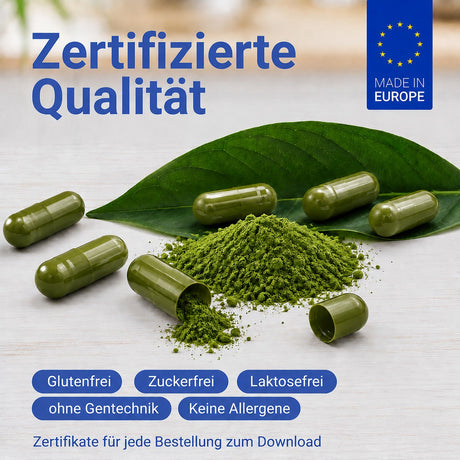 Grünes Pulver und Kapseln, zertifizierte Qualität aus Europa, glutenfrei, zuckerfrei, laktosefrei, ohne Gentechnik und allergenfrei
