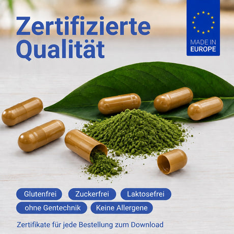 Grünes Pulver und karamellfarbene Kapseln, zertifizierte Qualität aus Europa, glutenfrei, zuckerfrei, laktosefrei, ohne Gentechnik und allergenfrei