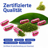 Grünes Pulver und pinke Kapseln, zertifizierte Qualität aus Europa, glutenfrei, zuckerfrei, laktosefrei, ohne Gentechnik und allergenfrei