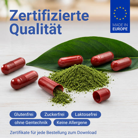 Grünes Pulver und Kapseln, zertifizierte Qualität aus Europa, glutenfrei, zuckerfrei, laktosefrei, ohne Gentechnik und allergenfrei