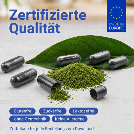 Grünes Pulver und Kapseln, zertifizierte Qualität aus Europa, glutenfrei, zuckerfrei, laktosefrei, ohne Gentechnik und allergenfrei