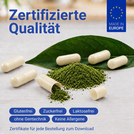 Grünes Pulver und weiße Kapseln, zertifizierte Qualität aus Europa, glutenfrei, zuckerfrei, laktosefrei, ohne Gentechnik und allergenfrei