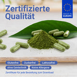 Grünes Pulver und Kapseln, zertifizierte Qualität aus Europa, glutenfrei, zuckerfrei, laktosefrei, ohne Gentechnik und allergenfrei