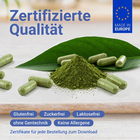 Grünes Pulver und Kapseln, zertifizierte Qualität aus Europa, glutenfrei, zuckerfrei, laktosefrei, ohne Gentechnik und allergenfrei