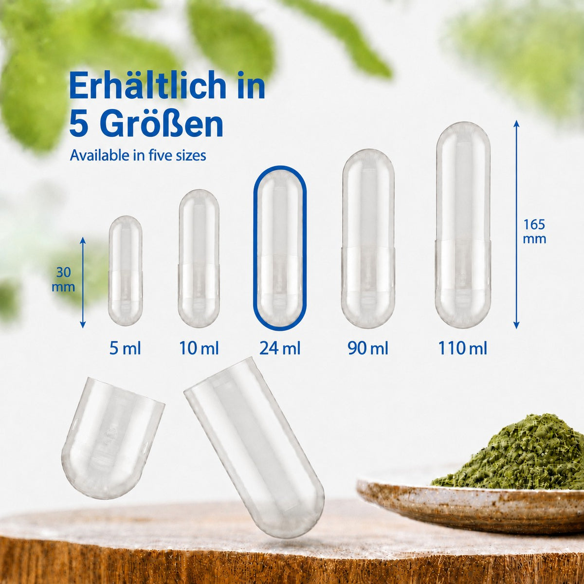 Darstellung der 5 verschiedenen Maxi-Kapselgrößen: 110 ml, 90 ml, 24 ml, 10 ml und 5 ml