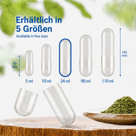 Darstellung der 5 verschiedenen Maxi-Kapselgrößen: 110 ml, 90 ml, 24 ml, 10 ml und 5 ml