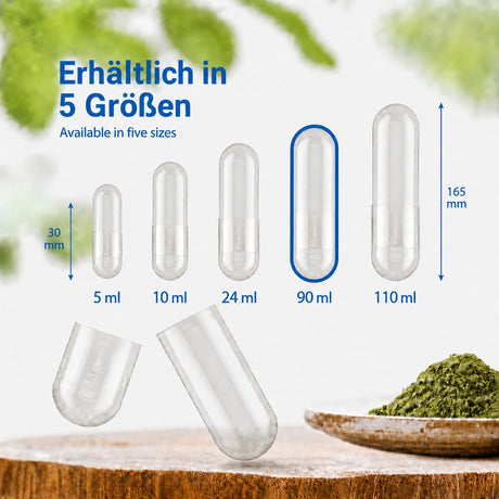 Darstellung der 5 verschiedenen Maxi-Kapselgrößen: 110 ml, 90 ml, 24 ml, 10 ml und 5 ml