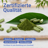 Grünes Pulver und Kapseln, zertifizierte Qualität aus Europa, glutenfrei, zuckerfrei, laktosefrei, ohne Gentechnik und allergenfrei