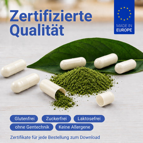 Grünes Pulver und Kapseln, zertifizierte Qualität aus Europa, glutenfrei, zuckerfrei, laktosefrei, ohne Gentechnik und allergenfrei
