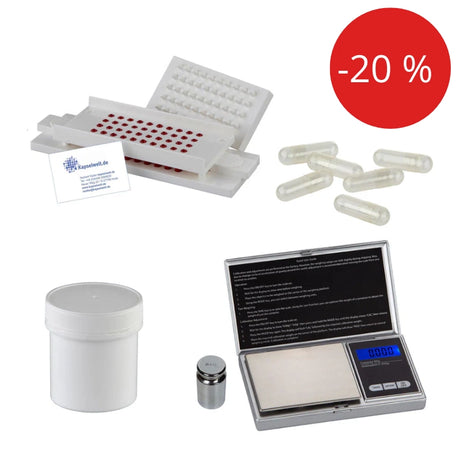 STARTER-SET: Kapselfüller + 5000 Vegikapseln 0 + 100 Kapseldosen + Feinwaage